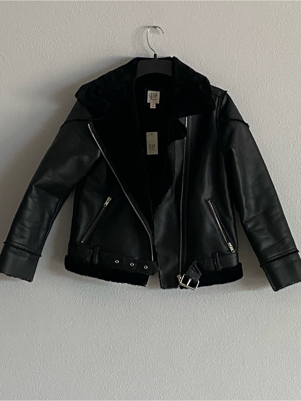 GAP Kids Black Faux Leather Moto Jacket with Black Faux Fur Trim